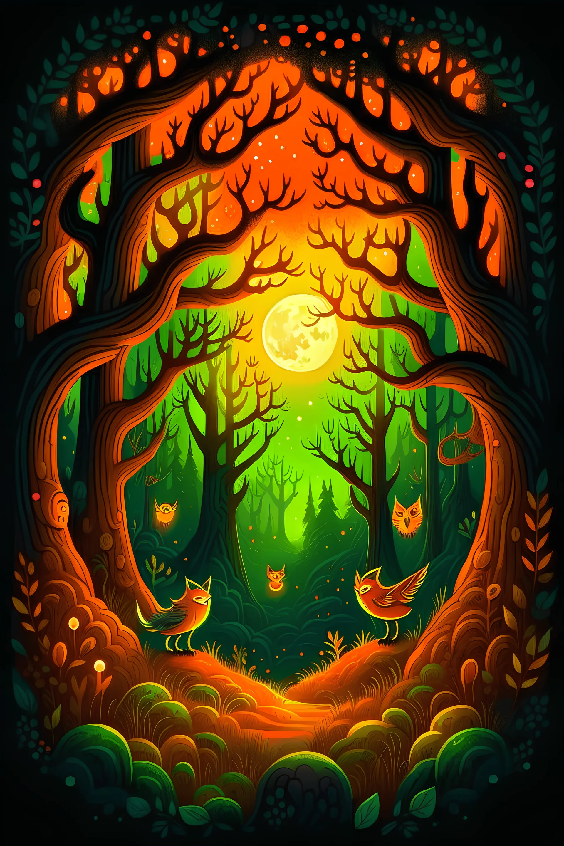 Design a cover featuring an enchanted forest with trees adorned with glowing jack-o'-lanterns, mystical creatures like owls and bats, and a crescent moon casting an eerie glow.