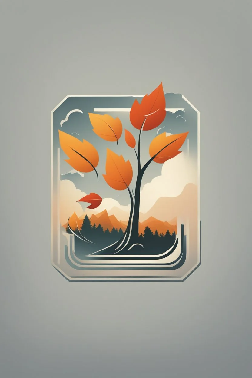 square logo , landscape with leaf fall, flying leaves