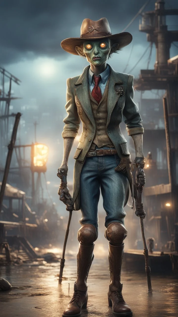 magazine cover illustration, fallout 4 docks setting, horror weird cowboy newt alien walking on stilts in female garments, getting hit by lightening electric arc, with big disturbed eyes,bokeh like f/0.8, tilt-shift lens 8k, high detail, smooth render, down-light, unreal engine, prize winning