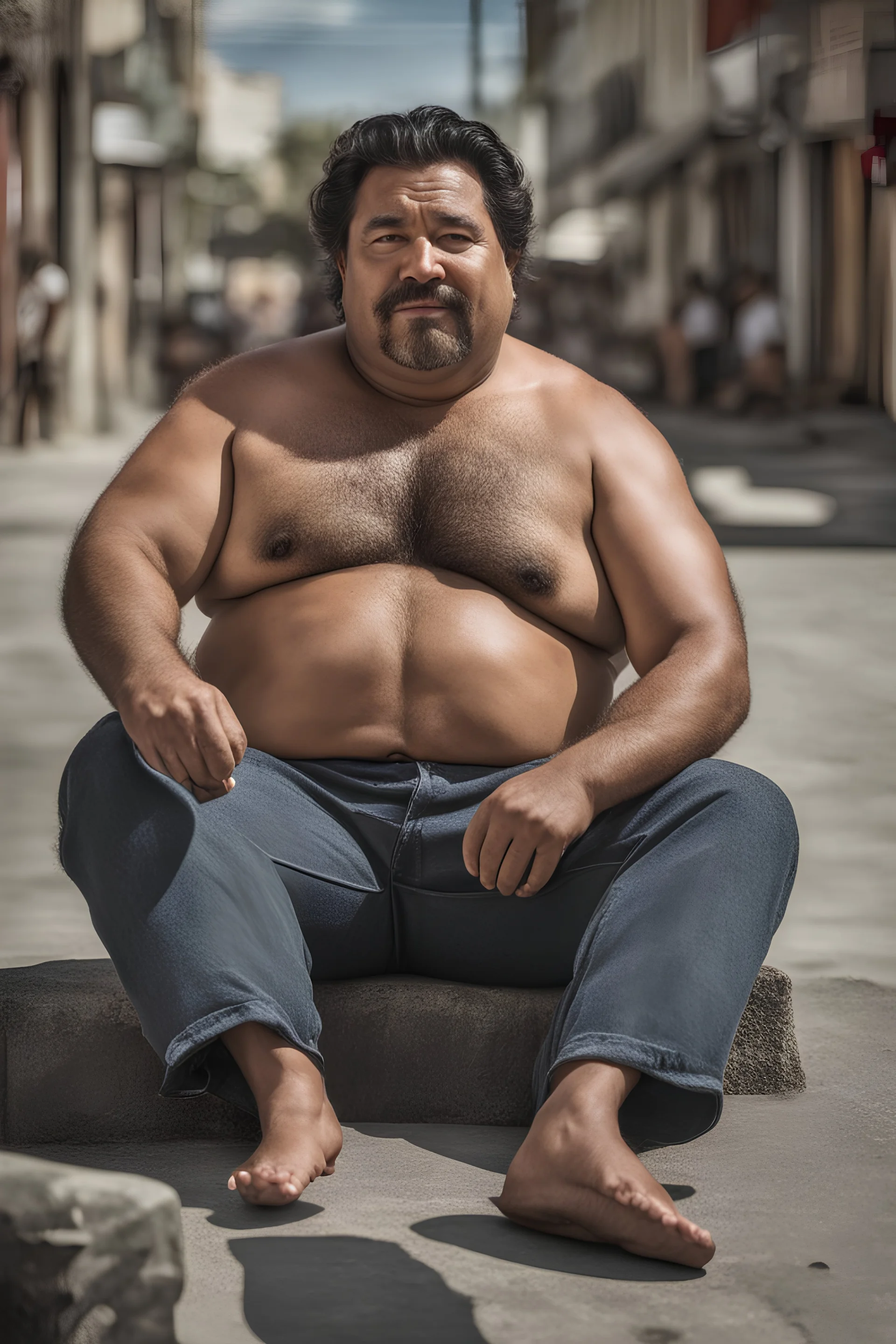 strong chubby burly mature mexican man sunbathing, sitted on an empty street, 35 years old, shirtless, shorts, manly chest, very hairy, short beard, big shoulders, relaxed, photorealistic, well defined facial features, half figure photography, view angle from the ground