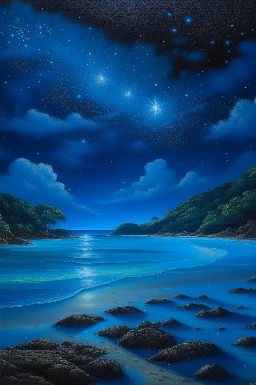 The beach of Leela Island is illuminated by a bright blue light all the stars Oil painting