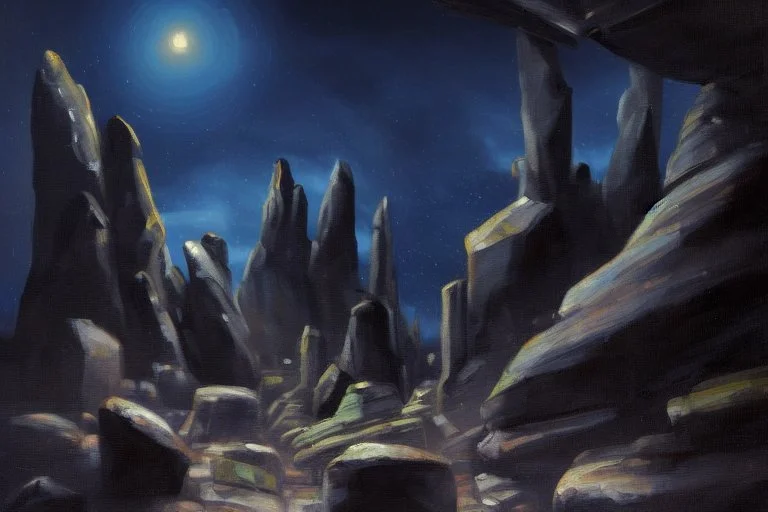 Rocks, night, 2000's sci-fi movies influence, otto pippel impressionism painting