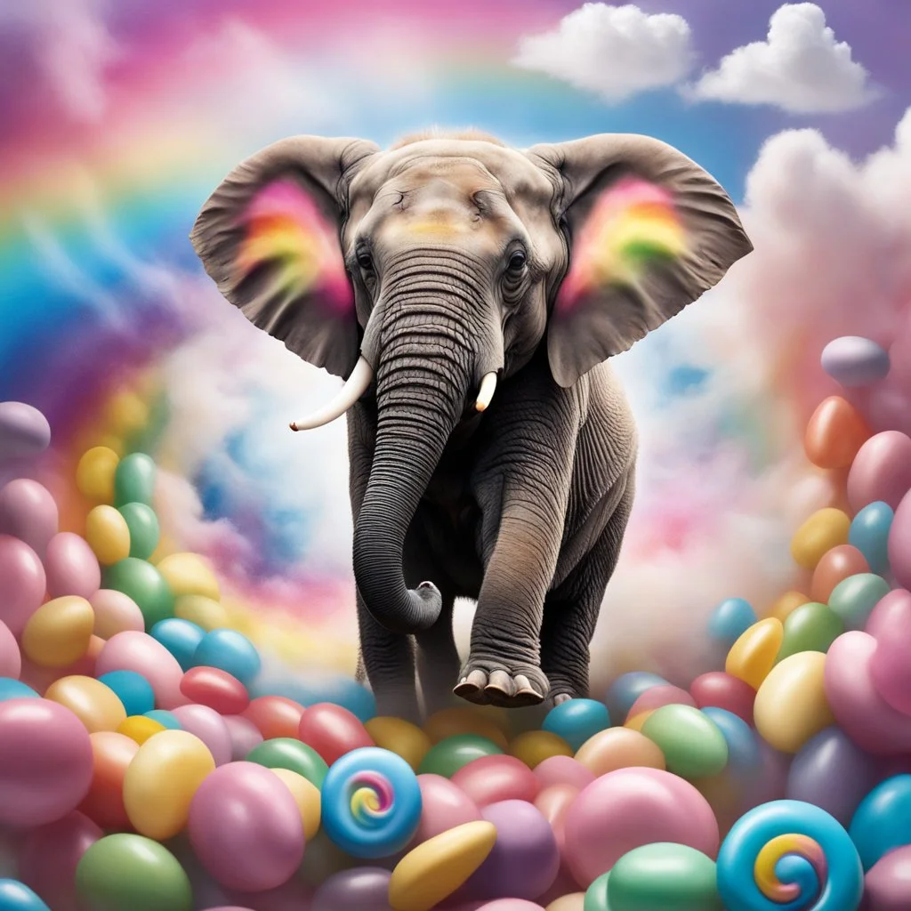 longshot top-view of a realistic high detailed baby elephant floating (or falling) looking towards the viewer as if coming out of a dream-like spiral vortex of soft fluffy cloud-like colourful candy floss. The Elephant is holding a peanut in the tip of it's trunk which is shown in its entirety. chocolate-covered m and m's, and colourful rainbow lollipops are falling from the sky into the spiral vortex surrounding the elephant. bright/ pastel colour