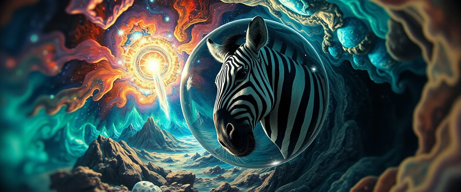 hypnotic fractal world seen from inside crystal pinhole pic into 4th dimension ,awake within a dream, portrait of ascended chakra master blaster, master oil painting by Rembrandt, escape route from our dimensions, hidden even to the zebra worm hole inside crystal ball