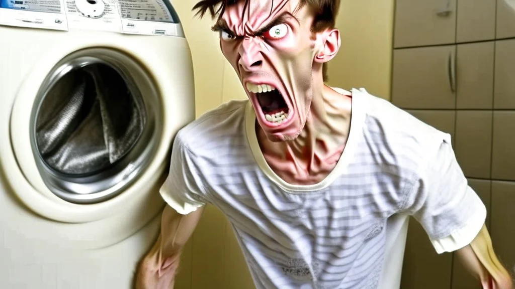 very skinny and lanky young man angry about damaged washer drier