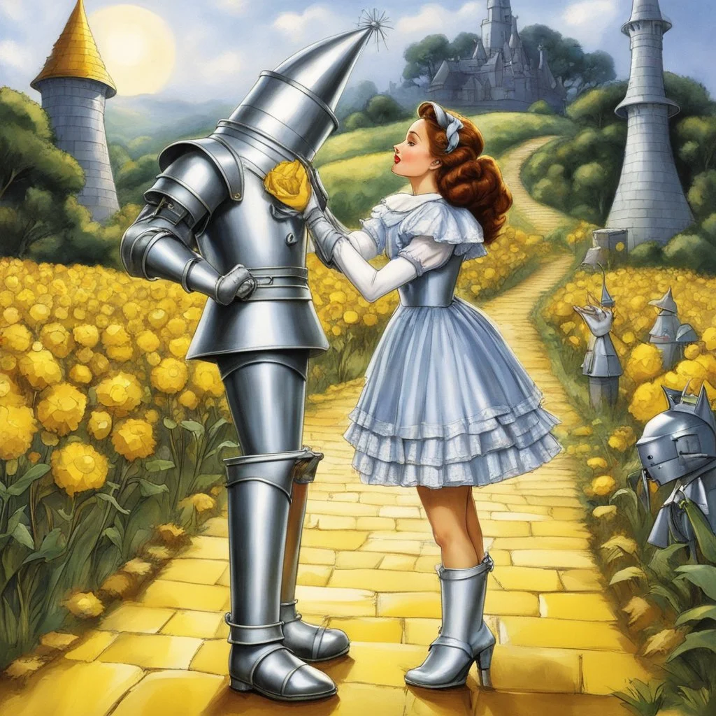 Dorothy in Oz kissing the Tin Man on the yellow brick road