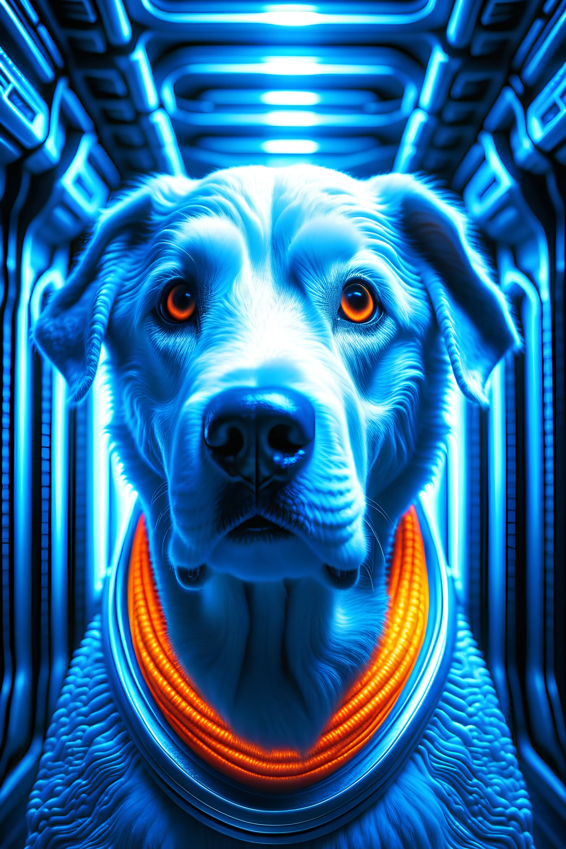 portrait of dog on a triplet in the style of giger, spraypaint, photorealism, trending on artstation, 8k, depth of field, downlight, lightrays, volumetric, white hall in spaceship, blue and orange