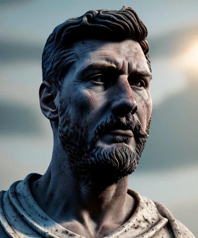 Ultra Realistic image, roman sculpture, marble deluxe material, Lionel Messi, circle crown, miguel angel style, chisel style, emperador, waist up portrait, cinematic lighting, God light, god rays, 4k resolution, smooth details, ornate details, soft lighting, unreal engine 5, sky background.