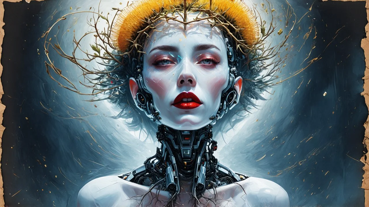 old worn paper, Ethereal bald white woman with thorns, thistles and plant roots on her head, human brains biomechanics cyberpunk style digital painting depicting a glowing woman with robotic features, combining human and artificial elements in a gripping sci-fi scene with intricate details and a cinematic atmosphere. Red lips, gold fragments, silver particles, wind, swirls, glare, glow from within, 8K, fine rendering, high detail, hyperrealism, high resolution, multi-layered, hyperdetail, hyperf