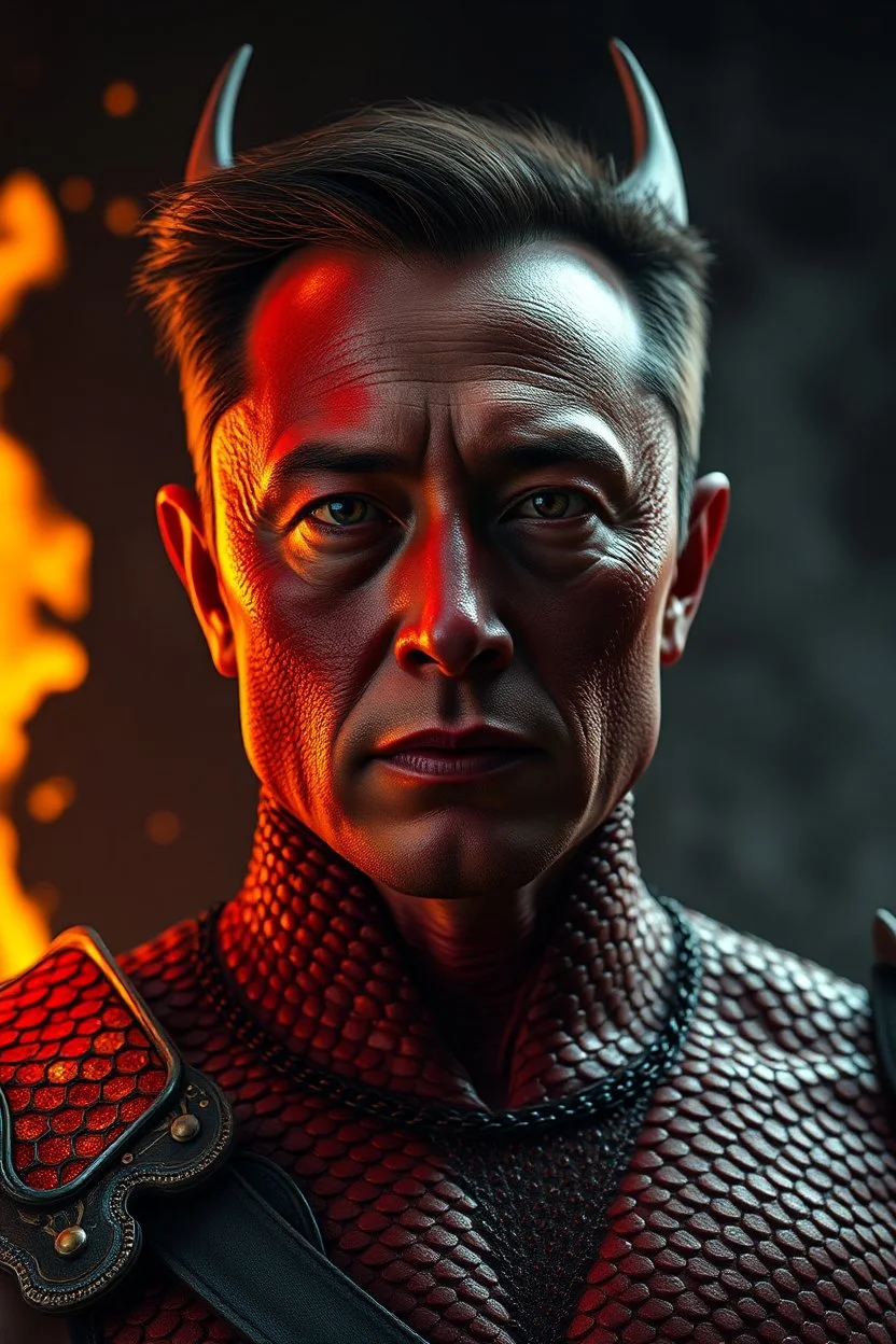 Elon Musk, red skin, scales, unreal engine 6, high detail, intricate, cinematic. photoshoot style, intricate, studio lighting, Fire, smoke, masterpiece , highly detailed, 8k, best quality, dramatic,d,<lora:mshn:0.7>,<lyco:Warrior_Couture:0.5>,