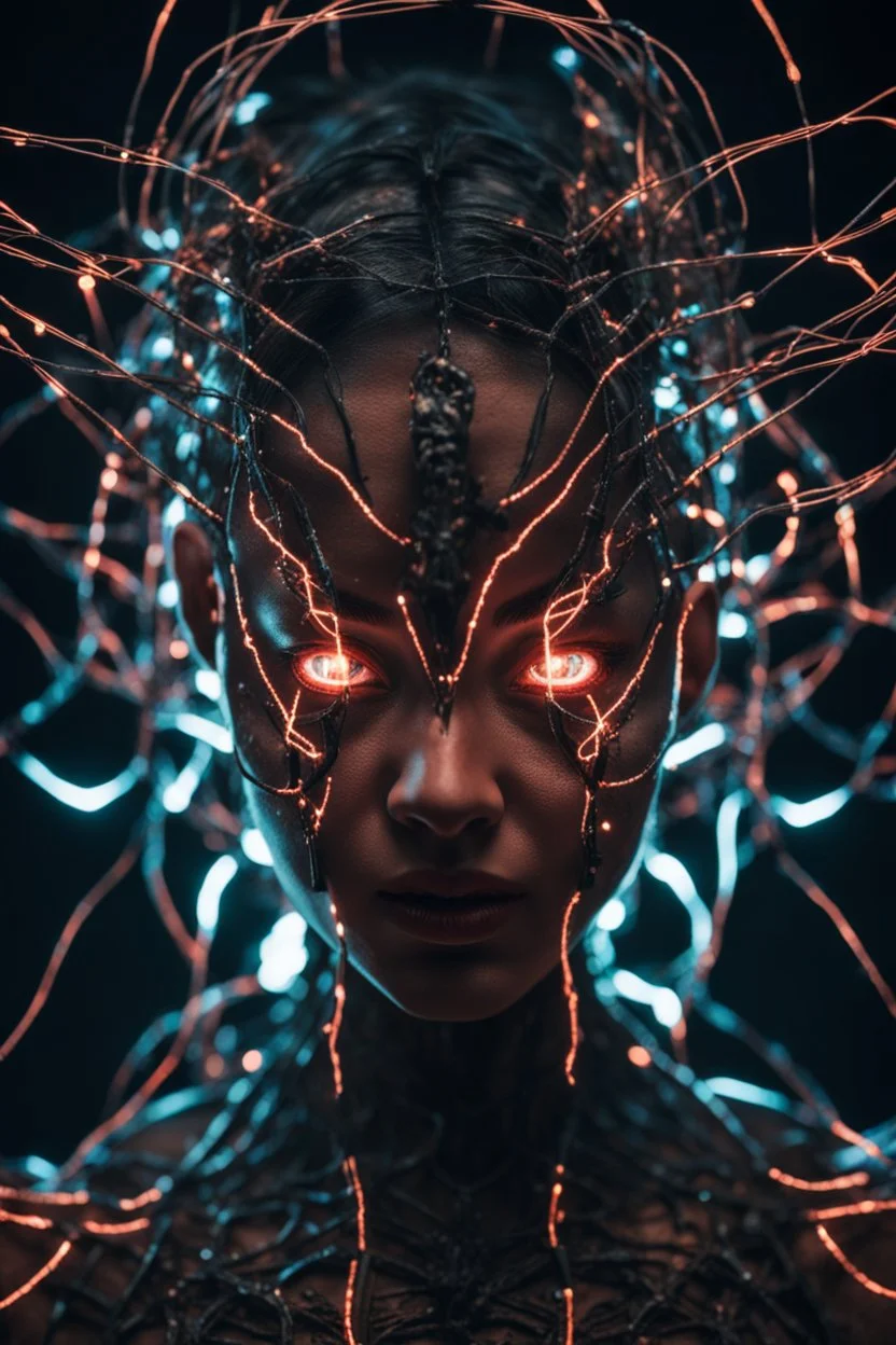 Demon girl, fullbody, creepy, horrifying, sinister, many wires connected to the head lumen lighting, led lights, sparks around her, sparks cybernetic,high lighting, intricate, 8k, macro photography,