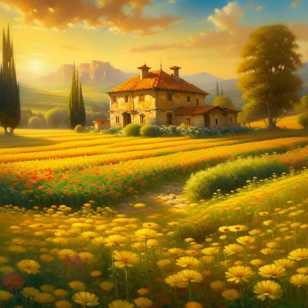 painting of a house in a field of flowers, inspired by Guido Borelli da Caluso, yellow hue, dotart, dragan bibin, fantasy italy, golden colour, jingna zhang, golden hour, perfect Wide long shot visual by @challenge2pt masterpiece.