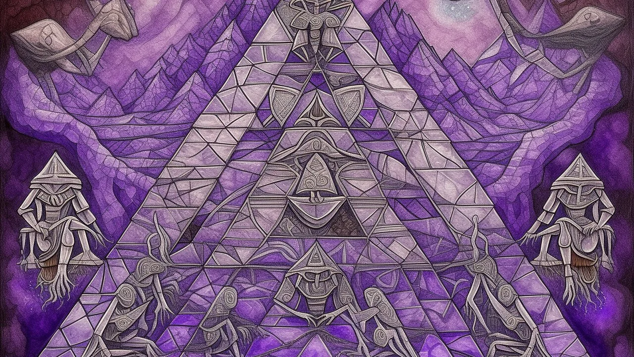 A purple haunted cosmic pyramid with ghosts designed in medieval tapestry painted by Michelangelo di Lodovico Buonarroti Simoni