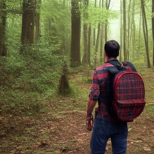 geroges st pierre with a red plaid shirt a backpack and a riffle in a creepy forrest with zombies