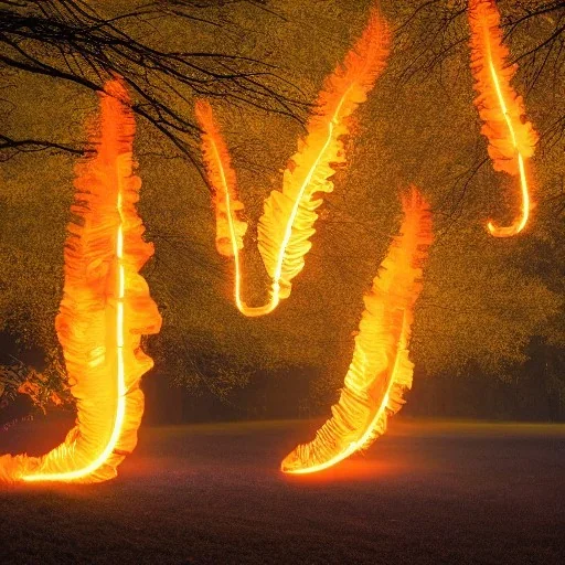 Glowing worms laughing in fire bodies flying through the trees with rays of golden light.