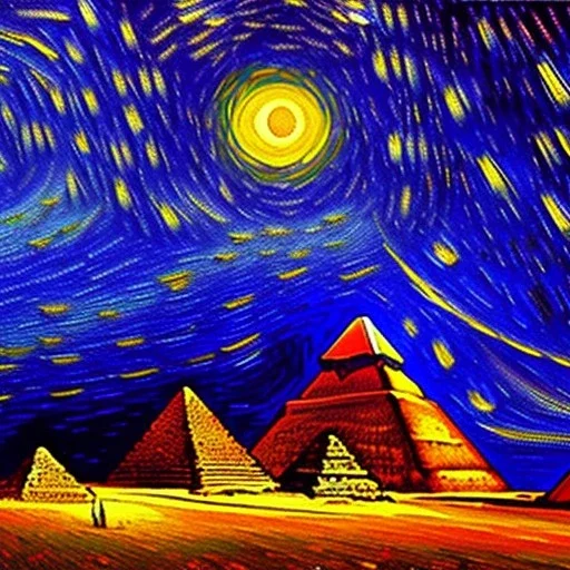 Dibujo al oleo de las pirámides de Egipto de noche estilo Vincent van Gogh