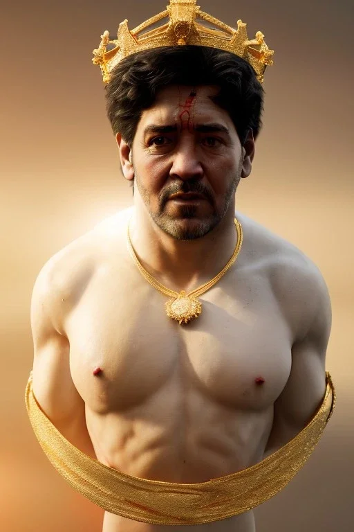 Ultra Realistic image, classic sculpture, white marble material, Maradona, gold divine crown, gold veins, gold ornaments, sun rays background, waist up portrait, epic, celestial, cinematic lighting, God lights, 4k resolution, smooth details, soft lighting, unreal engine 5, art station, substance 3d.