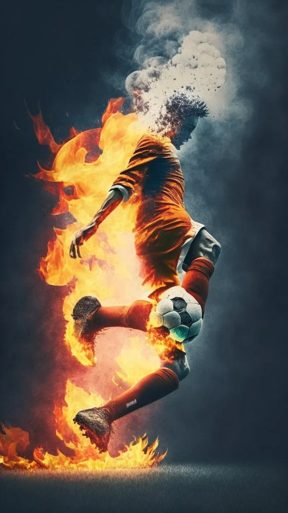 soccer player kicking a ball covered in fire