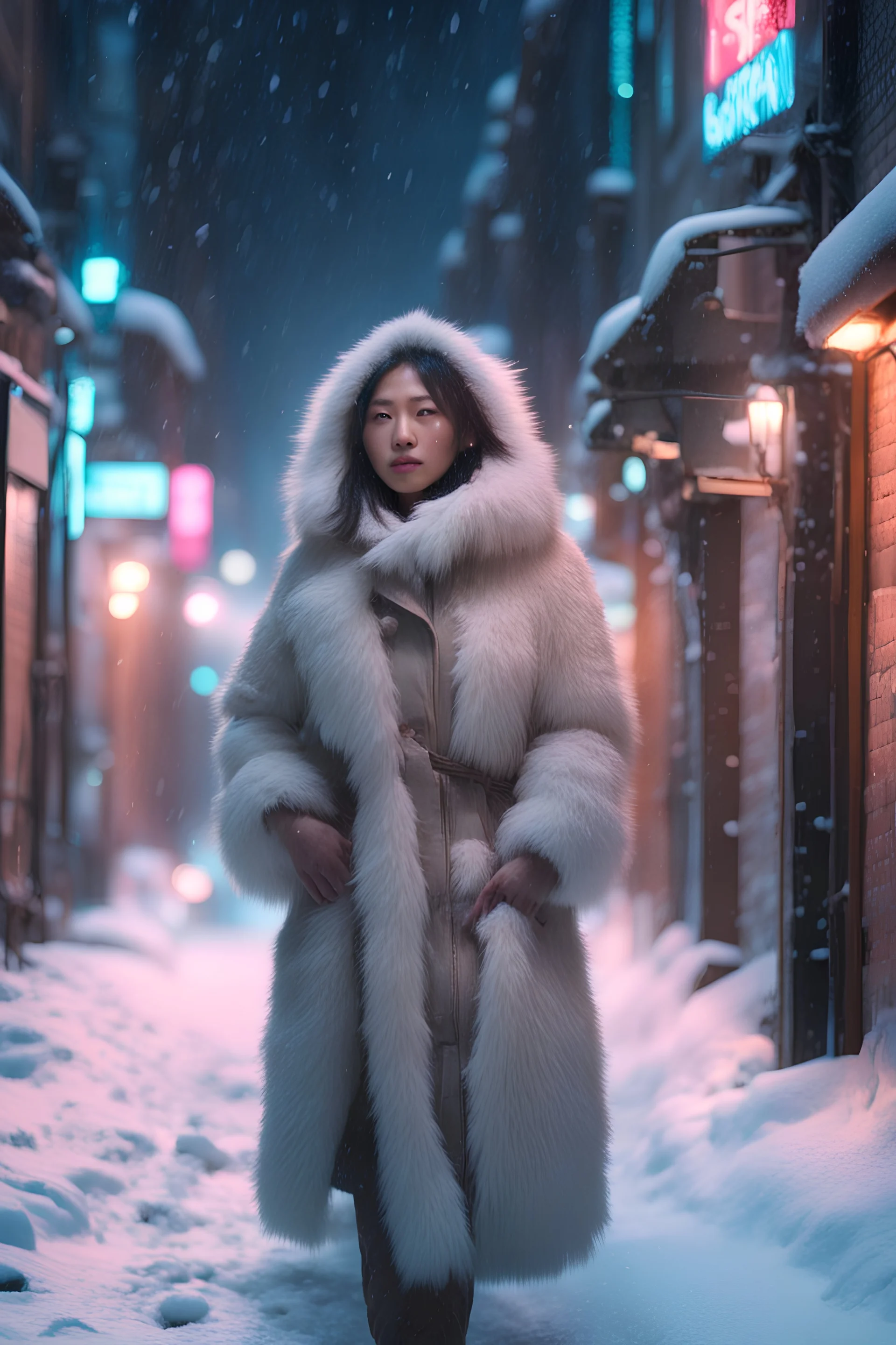 a pretty asian eskimo woman, furry coat, walks in an alley, winter, neon lights, heavy snow falling, freeing cold, empty streets, fantasy world, 4k