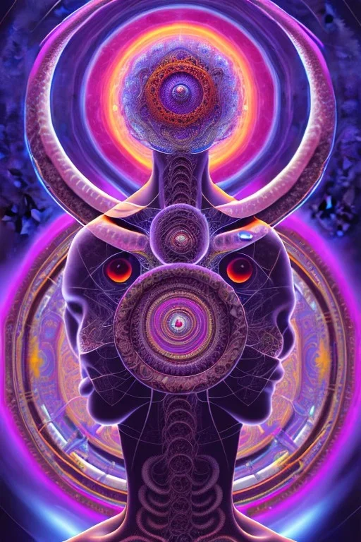 Spiritual being with Tentacles over human Head creating reality around, wrapping Spiral around Human, Psychedelic