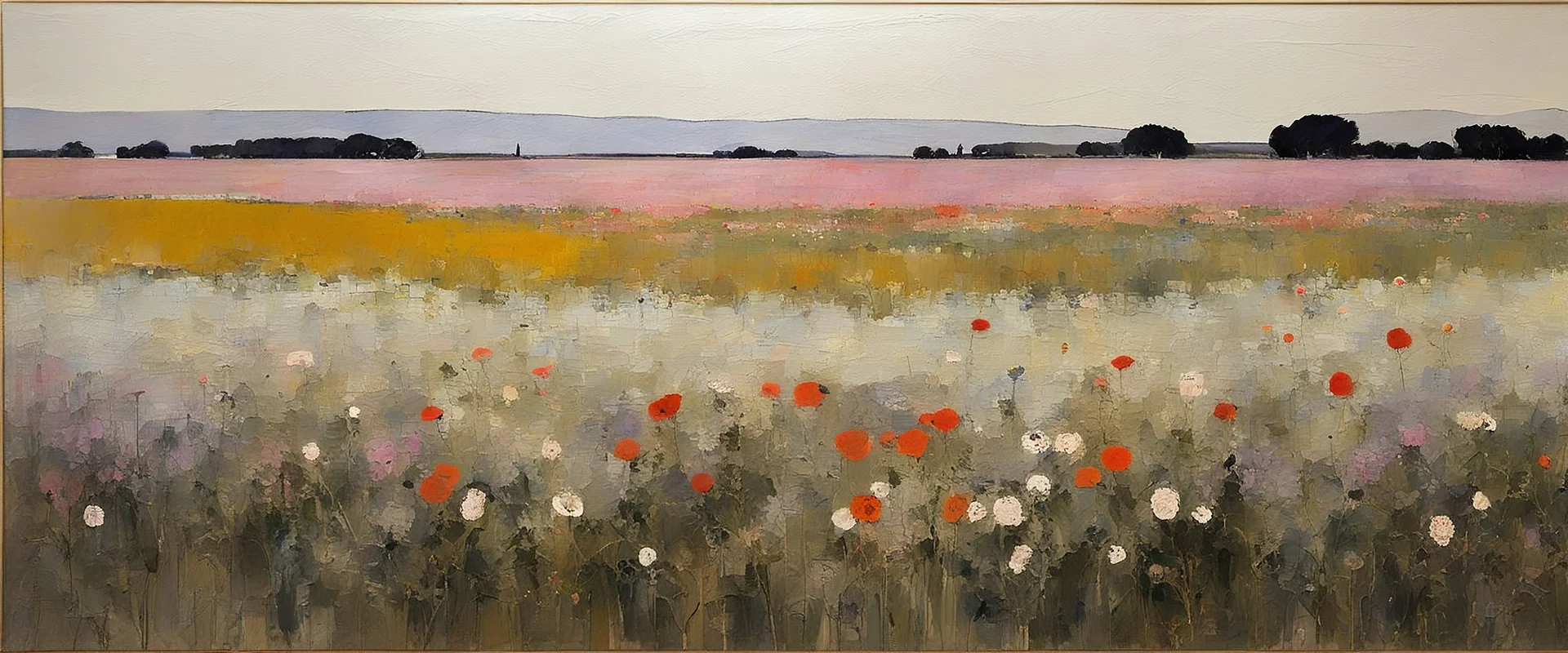 Euan Uglow style, impressionist field of flowers at dawn, mixed media. collage painting acrylic, pen and ink cross hatch, some black & white line drawing, mixed media, Monet impressionist colors, botanical elements