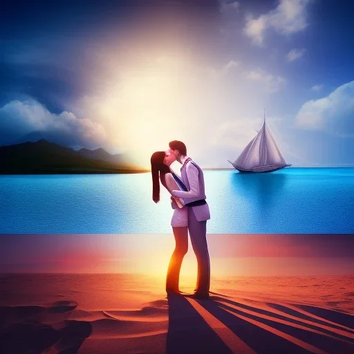 2 lovers last kiss in sand island with tent and river background