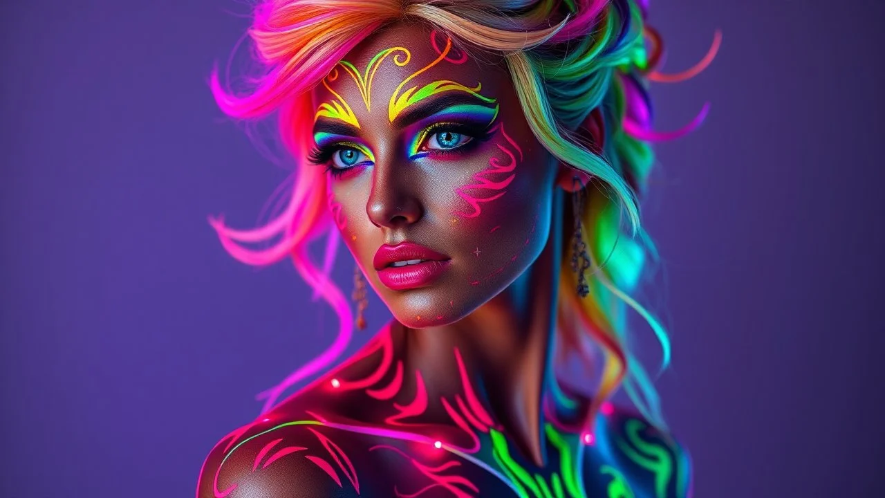 a striking model with colorful hair and body paint, professional body paint, colorfull digital fantasy art, psychedelic goddess, neon light and fantasy,colorful glow, bodypaint, full body art, body paint, full body painting, fullbody painting, vibrant fantasy style, glowing neon skin, glowing with colored light, neon ink, bold and vivid colors, high-definition resolution, professional photography, dramatic lighting to enhance neon shades, Vibrant neon body paint art, intricate eyeshadow design,