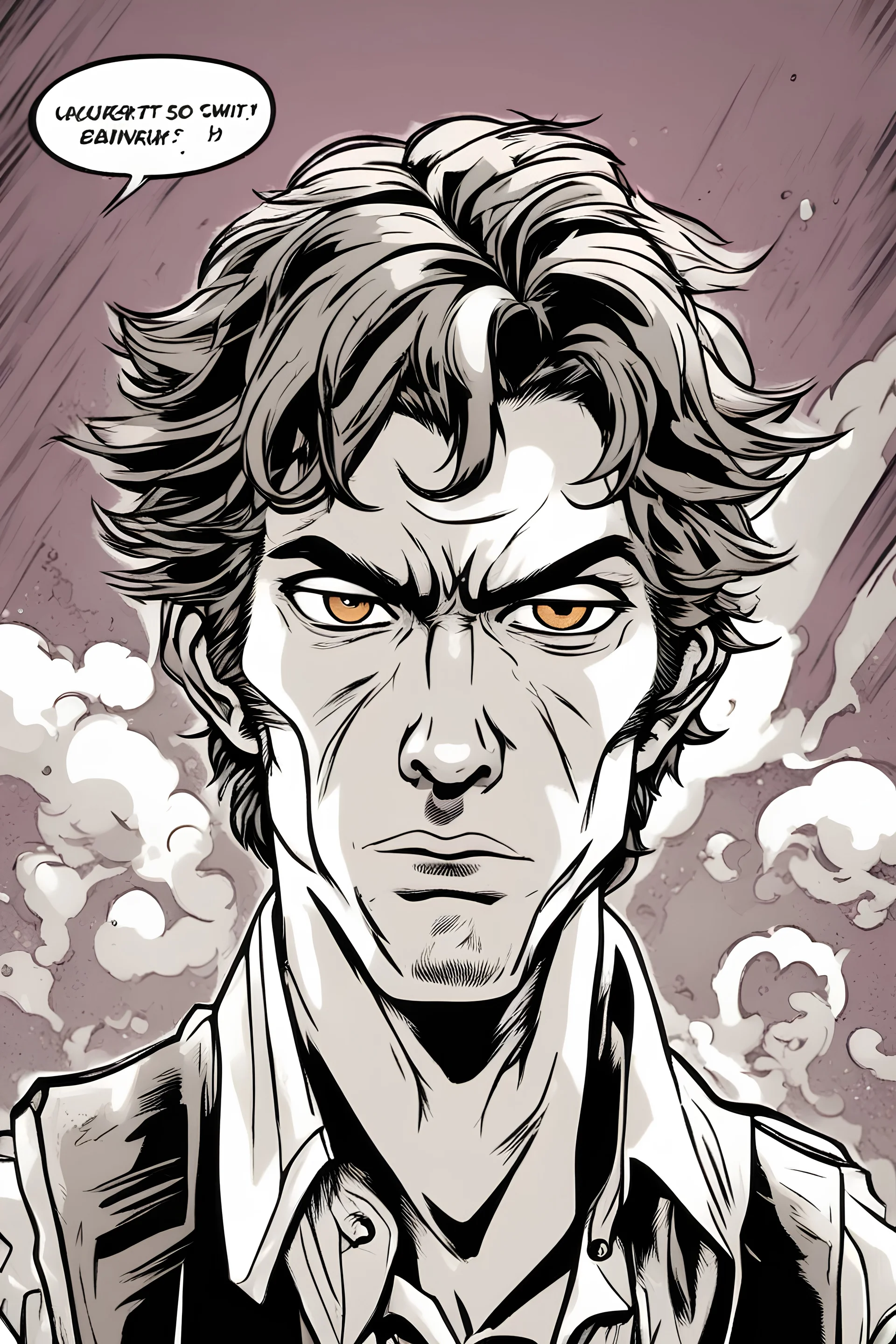 deranged young man with scruffy hair, stubble and a judgmental look on his face comic book style