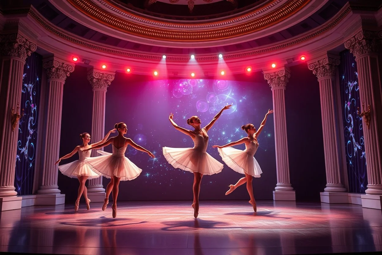 ballerianas perform in a very luxury ballet stage with animating lights and background