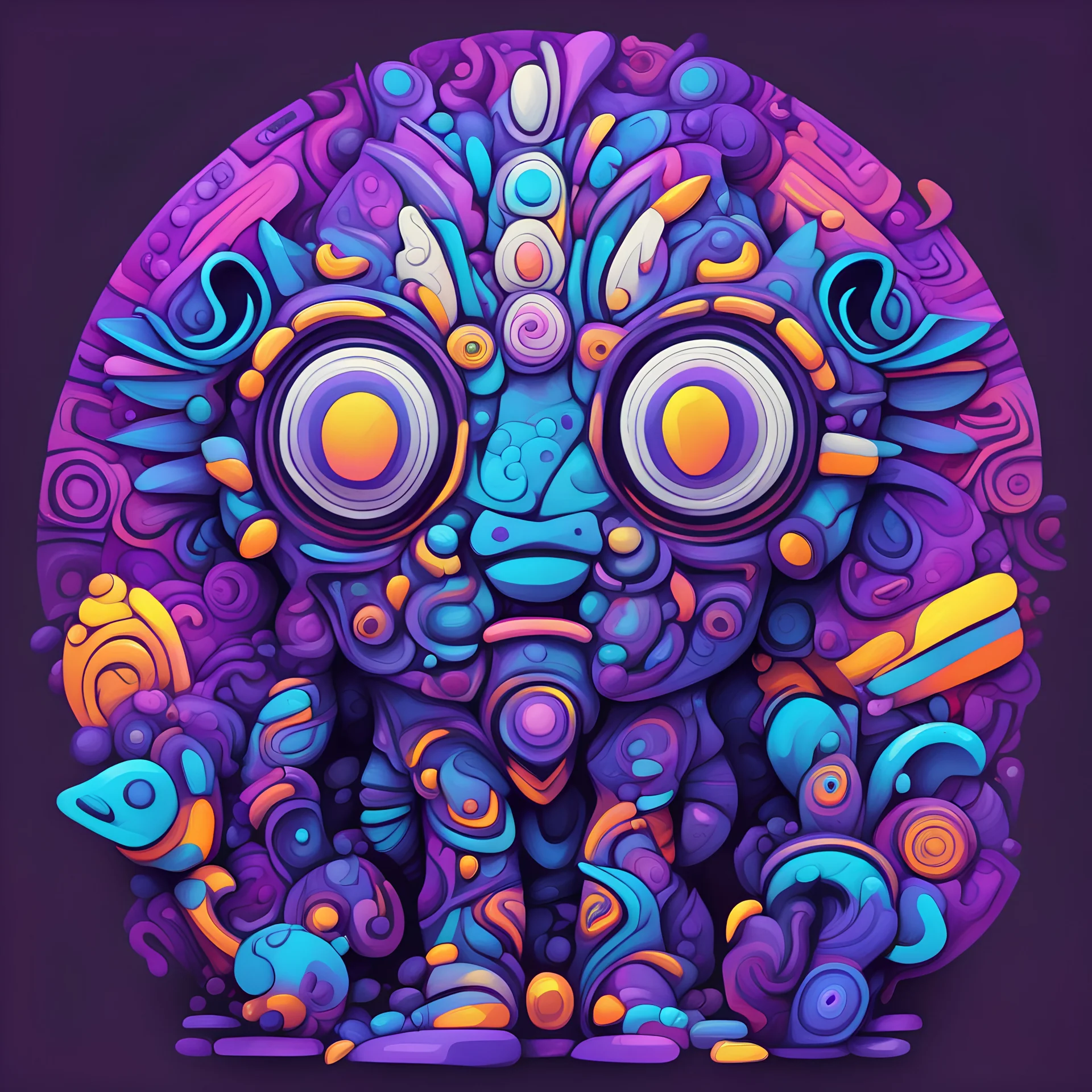 Achillesmon with dark-gray white gold neon-blue vivid-purple palette with background in toyism art style