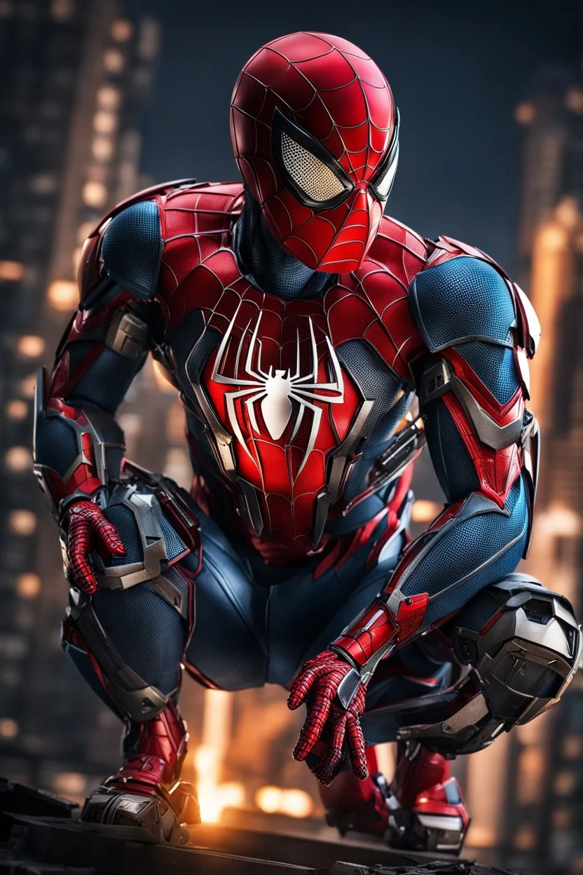 Spiderman in a robot transformer, super suit with spikes on his arms and shoulders, explode, hdr, (intricate details, hyperdetailed:1.16), piercing look, cinematic, intense, cinematic composition, cinematic lighting, color grading, focused, (dark background:1.1) by. Addie digi