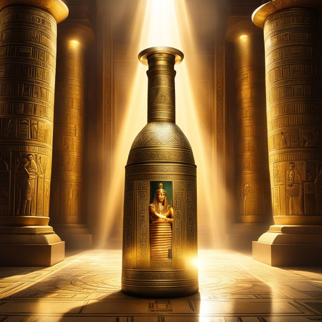 In the heart of a pyramid, the mummy of an Egyptian queen, the ancient aunt of Nefertiti, is ensnared within a gleaming bottle on the temple floor. Illuminated by a radiant ray of light, the bottle dazzles with intricate detail, reflecting the mummy-queen's bandages with exquisite precision. The aura surrounding the bottle whispers of a majestic era long past, resonating with the opulence and power of ancient Egypt. Hieroglyphs etched on the glass surface catch the light, weaving tales of a quee
