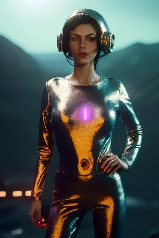 Ultra Realistic retro sci-fi scene, portrait, brunette woman, sweet Monica Belucci face, perfect iris, glow eyes, makeup. Alien Saturn background, Retro sci-fi style, helmet, tight latex coat, fog, rain, soft color, highly detailed, unreal engine 5, ray tracing, RTX, lumen lighting, ultra detail, volumetric lighting, 3d, finely drawn, high definition, high resolution.