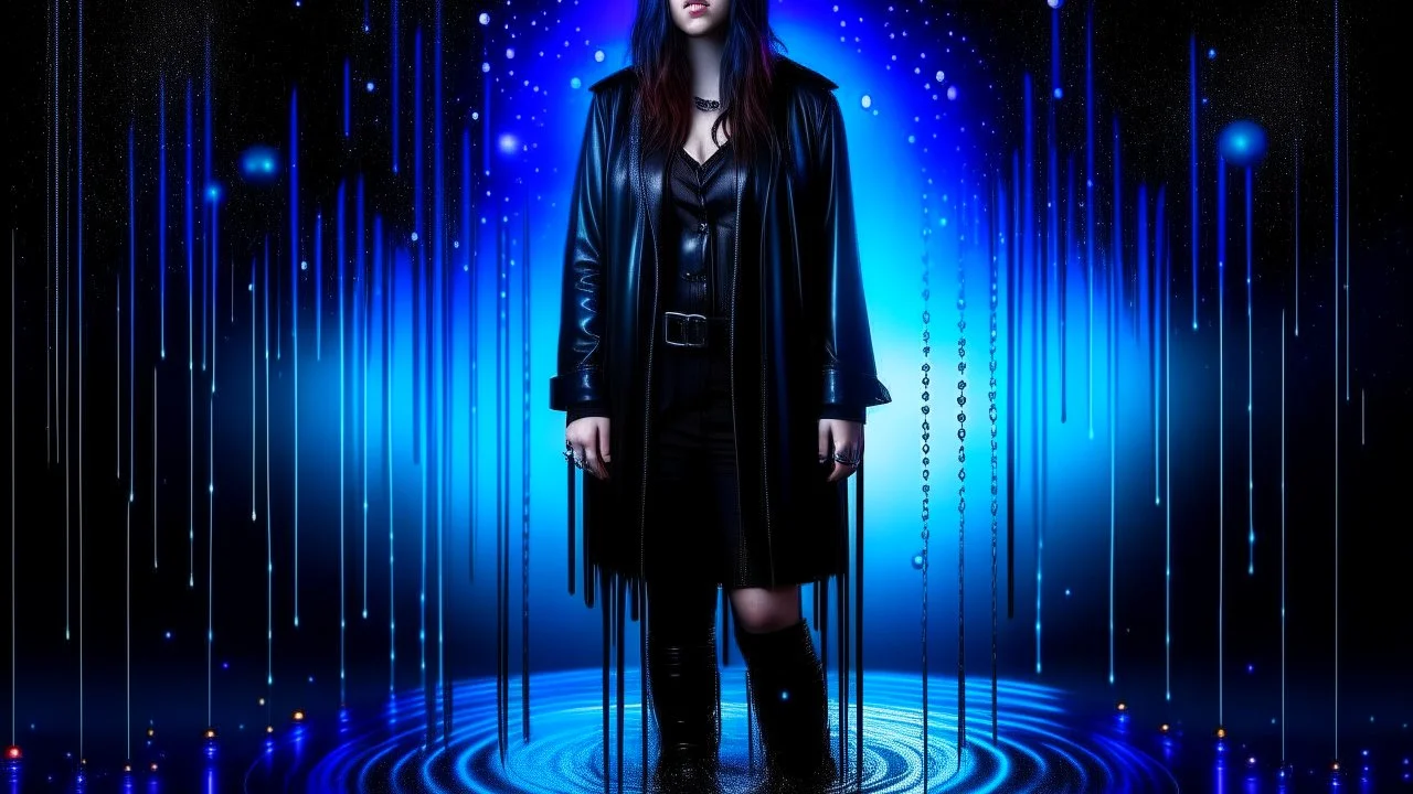 Full body and headshot of a young gothic woman dressed in clothing dripping like liquid, with no hat, with a multiverse background