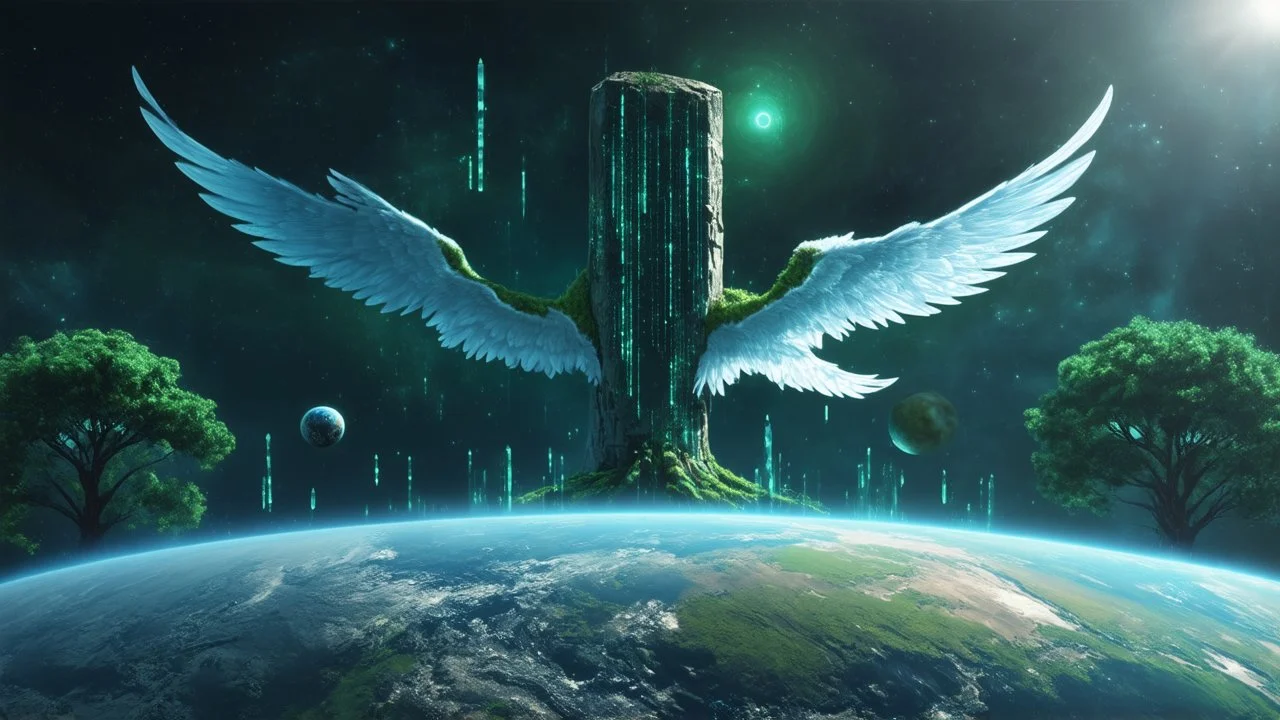 matrix universe, space, planets, god creation, angels from other dimensions with beautiful wings, trees on the planet, behind green crystals of light, few tiberium monolith deposits on the planet near tree,