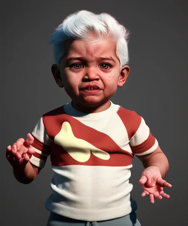 Pedro almodovar toddler, full body, white hair, dramatic lighting, hyper realistic