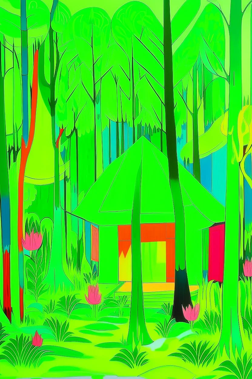 A neon green forest with huts designed in Chinese paper art painted by Henri Matisse