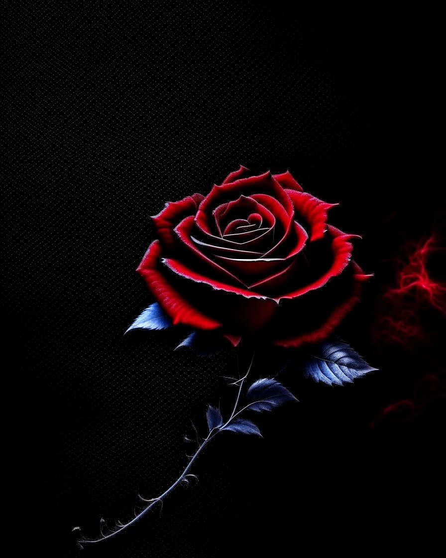 Deep red rose, black background, linear shapes