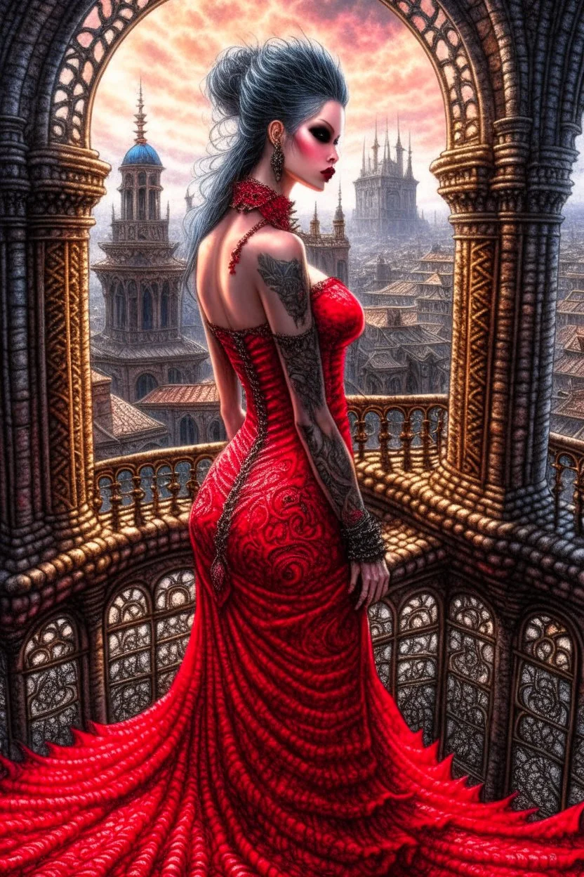 beautiful alluring tattooed female vampiress in thin red dress standing on top of the gothic cathedral top view. Luis Royo, Steve Hanks, hyper-detailed, hyperrealistic, digital art, detailed background, dark fantasy, cinematic, vibrant pastel colours