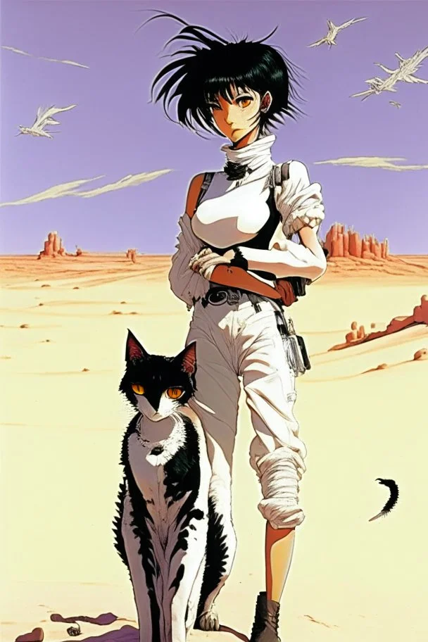 Meryl Stryfe Trigun young girl short black hair anime white clothes standing in the desert with a cat in her arms