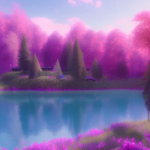 jolie petite maison asiatique lacustre, lac turquoise, ciel rose et bleu, lumière, fleurs délicates, ambiance très réelle, 8k, Cinematic lighting. Photorealistic