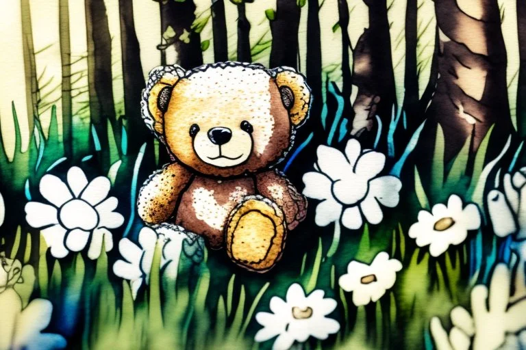 close-up of a cute chibi teddy bear packing piles of white clothes in the forest, laundry machine, grass and flowers next to him, melting watercolour and black ink outlines on wet paper, photorealistic, golden glitters S<AI in sunshine, ethereal, cinematic postprocessing