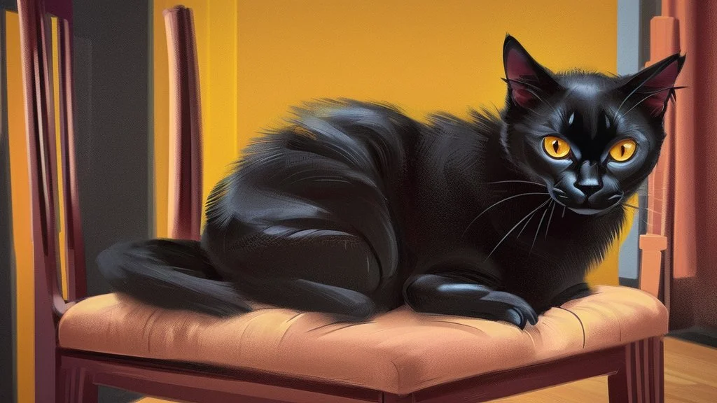 A black cat sitting on a chair in a room.