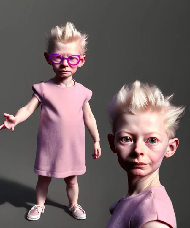 Tilda swinton toddler, full body, shoe, dress, soft skin, dramatic lighting, hyper realistic