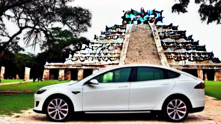 A Tesla's 'Model S Plaid' is parked, at Chichen Itza, in Mexico. CINEMATIC. WIDE ANGLE LENS. CINEMATIC. WIDE ANGLE LENS.