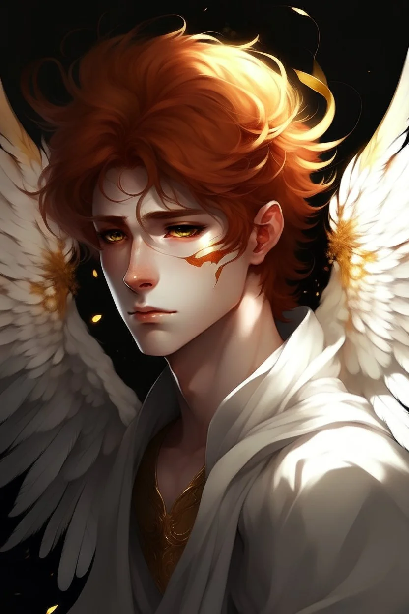 A male angel with messy red hair, gold eyes, and large white feathered wings that appear burned.