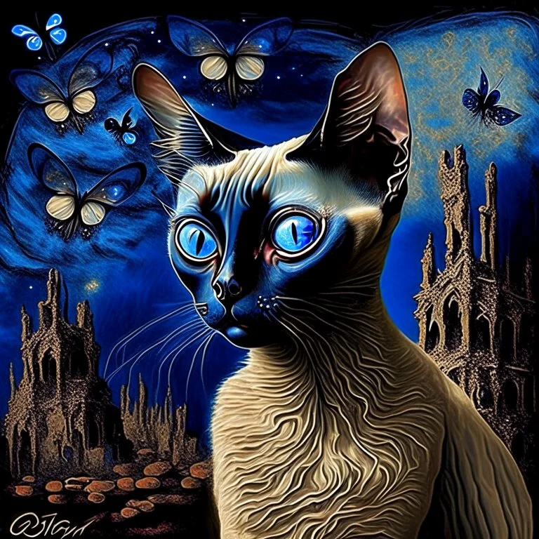 Starry night and Siamese cat, digital painting, fantasy, illustration, hyperdetailed, high definition, crisp quality, horror, dark, surreal, Weird, Tim Burton, creepy, Graphic novel, maximalist, Dr. Seuss, haunting, bizarre, frightening, Terry Gilliam, vintage, illustration