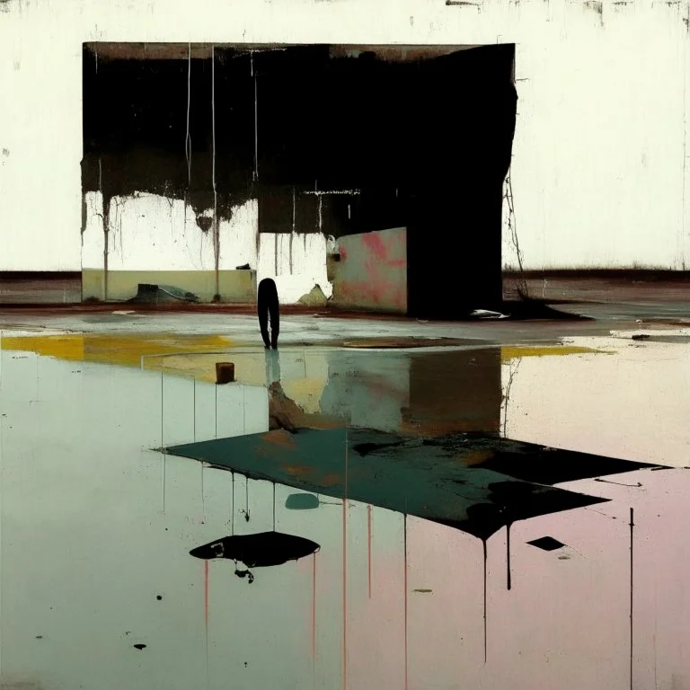 Minimal contemporary abstract oil paintings of desolate 1960s carpark with road markings and concrete fragments. Overlay with grungy typography graphics. style of Justin Mortimer and Francis Bacon.