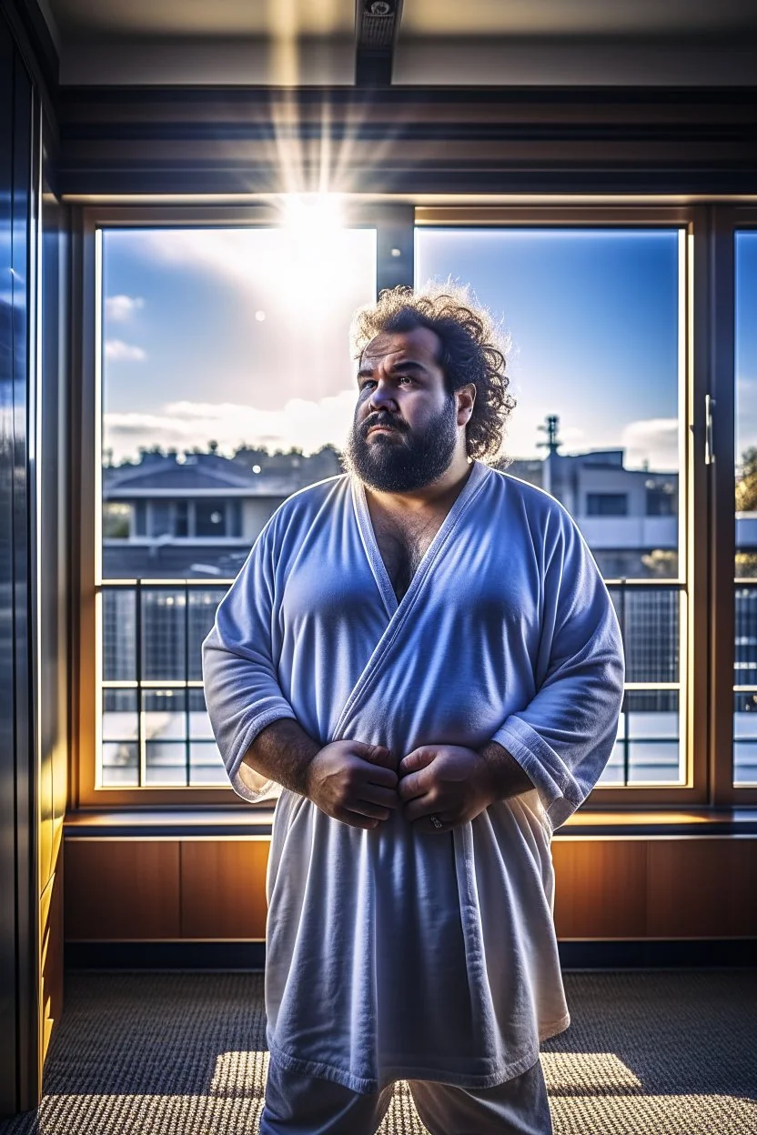 full figure shot photography of burly chubby turkish man 50 years old, at the windows in opened bathrobe , bulge, hands behind the head, emotive eyes, long beard, manly chest, curly hair, sharp focus, backlit, harsh overhead sunlight, ambient occlusion , photorealistic , frontal view