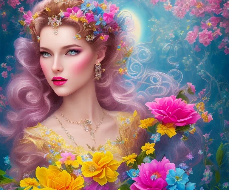 beautiful bright happy fairy portrait with long hair, thin face, two hands in a pink,blue, yellow flowers background,